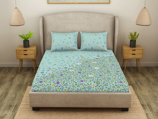 Floral Eggshell Blue - Light Blue Cotton Viscose Double Bedsheet - Oshibana By Spaces