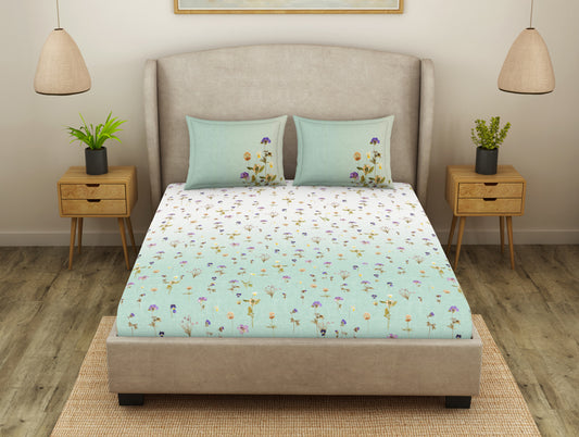 Floral Billowing Sail - Light Blue Cotton Viscose Double Bedsheet - Oshibana By Spaces