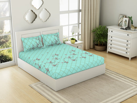 Floral Moonlight Jade - Light Aqua 100% Cotton King Fitted Sheet - Lattice By Spaces