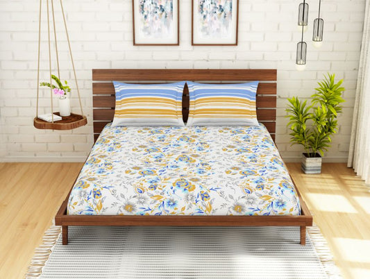 Floral Windsurfer - Light Blue 100% Cotton Queen Fitted Sheet - Atrium By Spaces