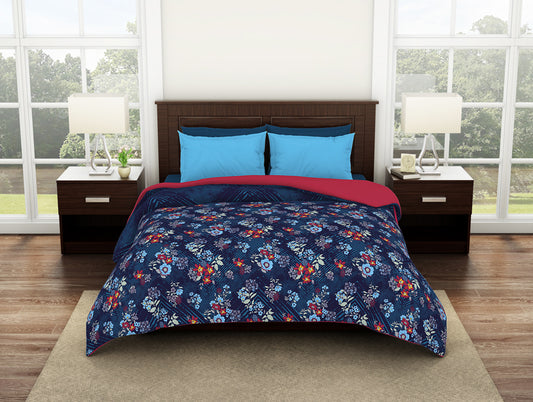 Floral Astral Aura - Dark Blue 100% Cotton Shell Double Quilt / AC Comforter - Bonica By Spaces