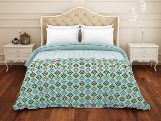 Floral Teal - Blue 100% Cotton Shell Double Quilt / AC Comforter - Atrium Plus By Spaces