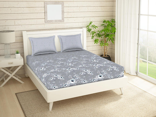 Floral Quick Silver - Grey 100% Cotton Large Bedsheet - Bonica By Spaces-1056036