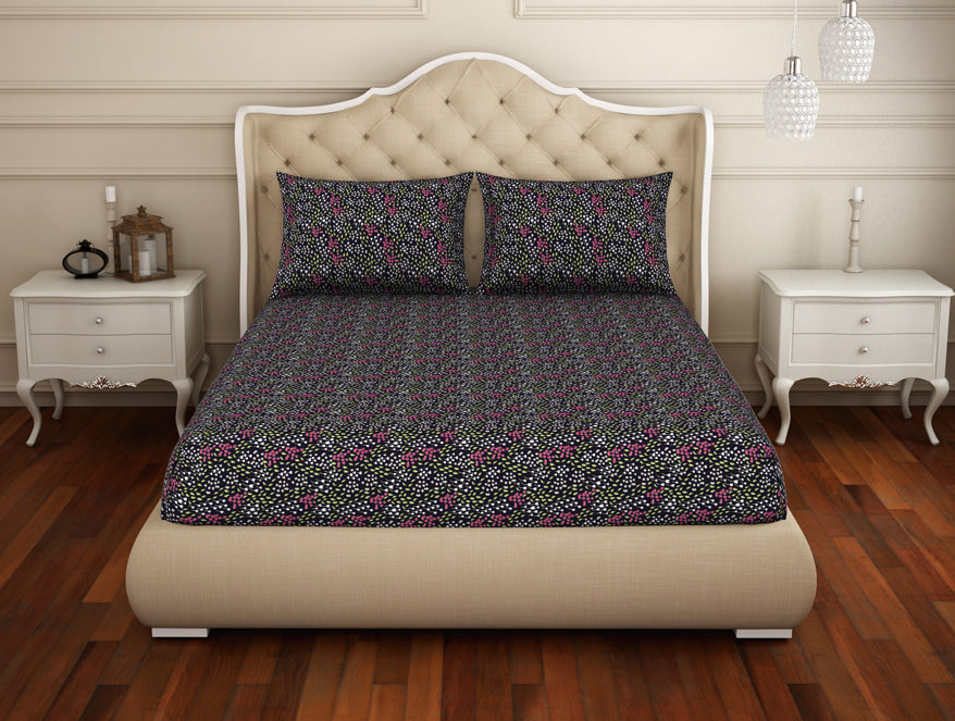 Floral Mulberry Purple - Dark Violet 100% Cotton Double Bedsheet - Adonia(Anti Bacterial) By Spaces