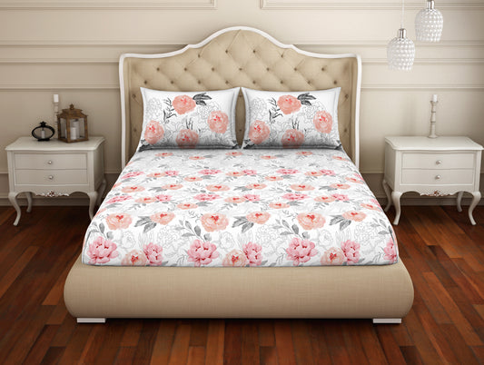 Floral Coral Blush - Blush 100% Cotton Large Bedsheet - Adonia(Anti Bacterial) By Spaces