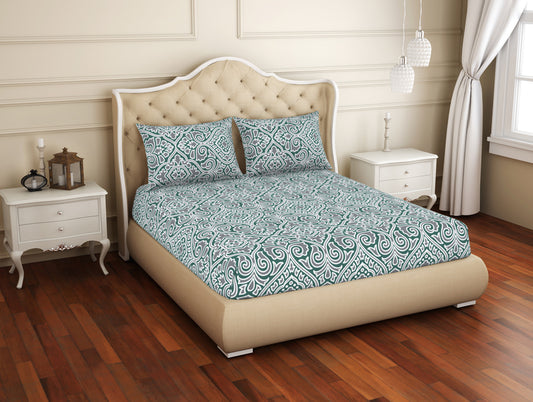Ornate Teal/Grey Cotton Rich Large Bedsheet - 2-In-1 By Welspun