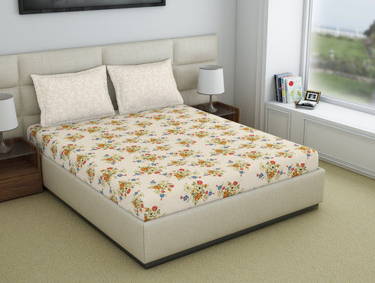Floral Afterglow - Light Yellow Polycotton Double Bedsheet - Amaya By Welspun