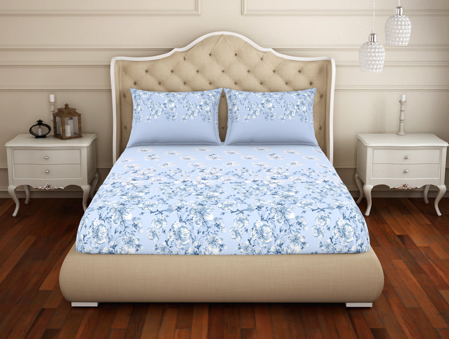 Floral Country Air-Light Blue 100% Cotton Large Bedsheet - Welspun Anti Bacterial By Welspun