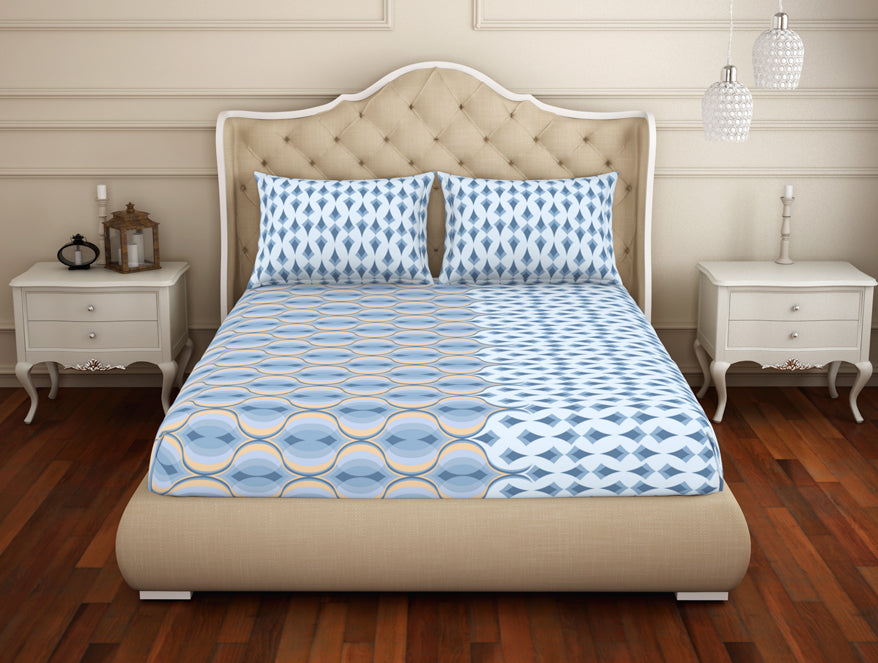 Geometric Dream Blue - Light Blue 100% Cotton Double Bedsheet - Anti Bacterial By Welspun