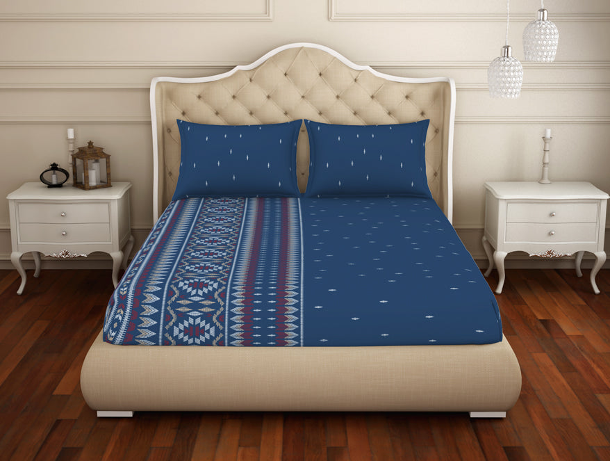 Geometric Blue Sapphire - Dark Blue 100% Cotton Double Bedsheet - Anti Bacterial By Welspun