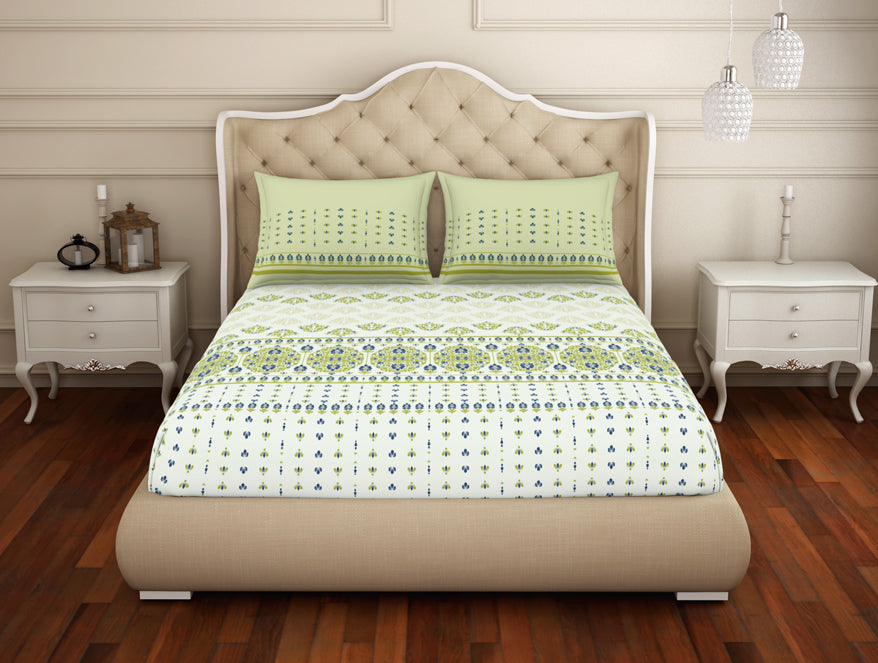 Floral Golden Lime - Green 100% Cotton King Fitted Sheet - Welspun Anti Bacterial By Welspun