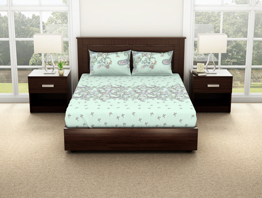 Floral Hushed Green - Light Aqua 100% Cotton Double Bedsheet - Evoke By Spaces-1065728