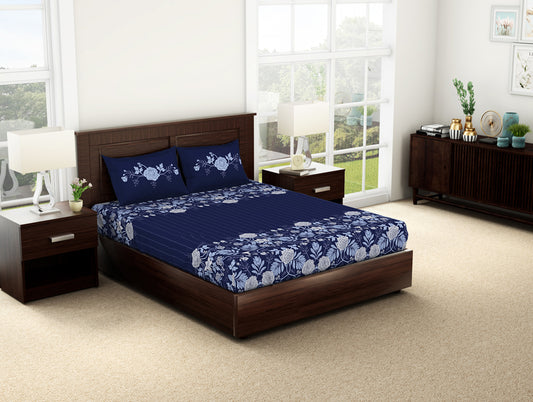 Floral Sodalite Blue-Dark Blue 100% Cotton Double Bedsheet - Evoke By Spaces
