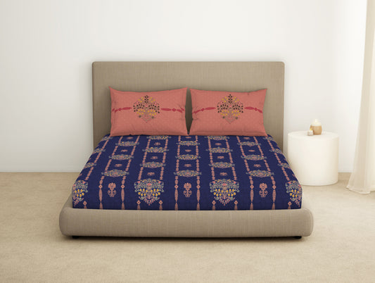 Floral Skipper Blue - Dark Blue 100% Cotton Large Bedsheet - Timeless By Spaces-1065762
