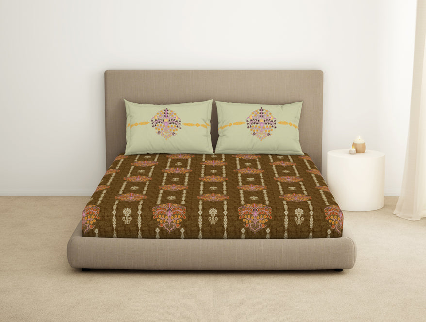 Ornate Kelp-Light Brown 100% Cotton Large Bedsheet - Timeless By Spaces