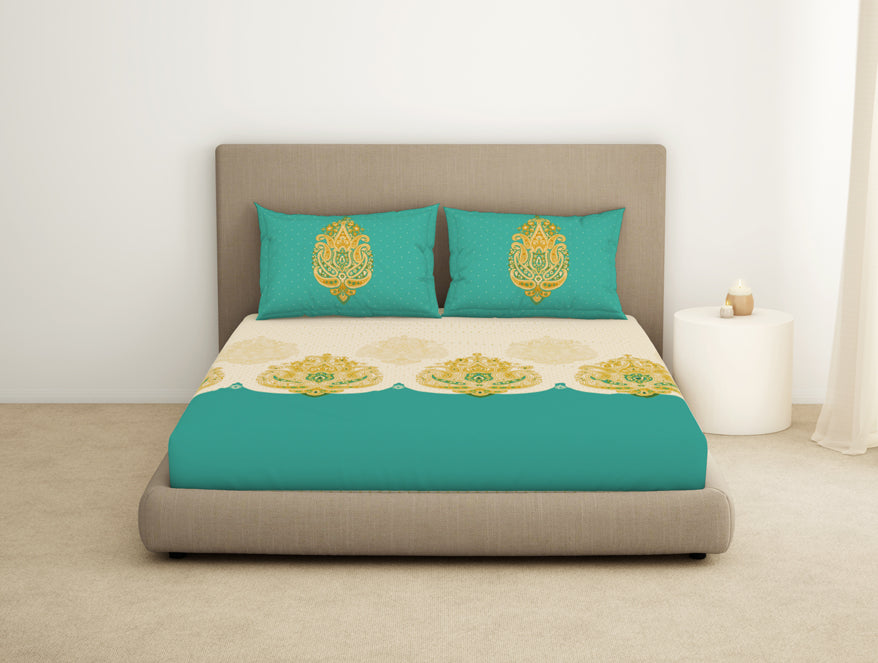 Floral Dusty Jade Green - Aqua 100% Cotton King Fitted Sheet - Timeless By Spaces-1065817