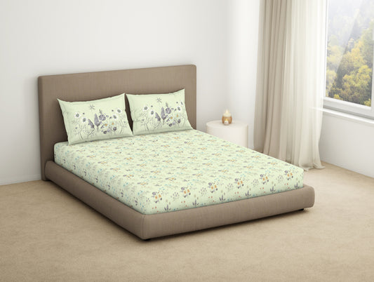 Floral Canary Green - Light Green 100% Cotton King Fitted Sheet - Dainty By Spaces-1065821