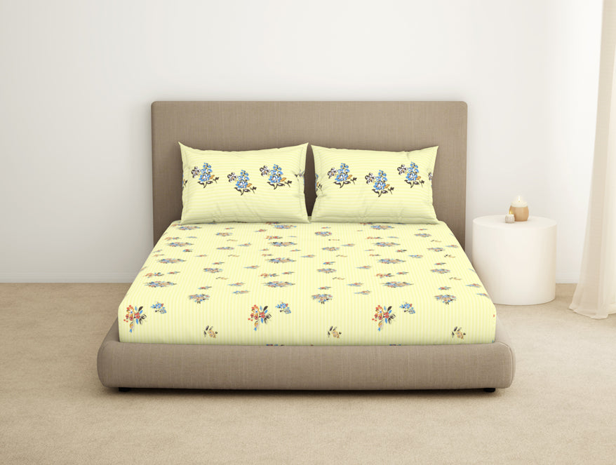 Floral Wax Yellow - Light Yellow 100% Cotton King Fitted Sheet - Dainty By Spaces-1065828