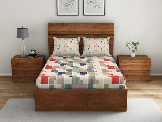 Geometric Eggnog - Cream 100% Cotton Double Bedsheet - Color Block By Spaces