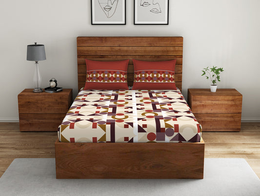 Geometric Ketchup - Dark Red 100% Cotton Double Bedsheet - Color Block By Spaces