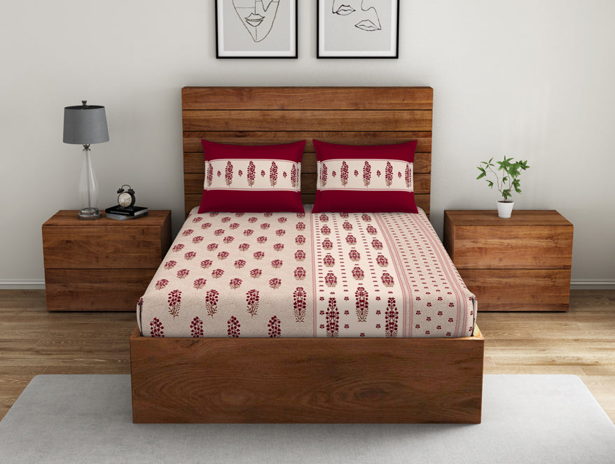 Floral Red Dahila - Maroon 100% Cotton Double Bedsheet - Indian Ethnic By Spaces