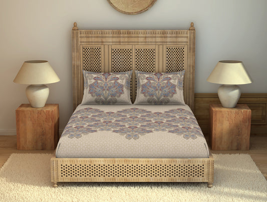 Floral Macadamia - Beige 100% Cotton Large Bedsheet - Kashmiri Shawl - Rangana By Spaces