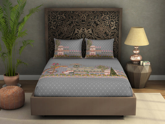 Floral Moonstruck - Light Grey 100% Cotton Large Bedsheet - Pichwai - Rangana By Spaces