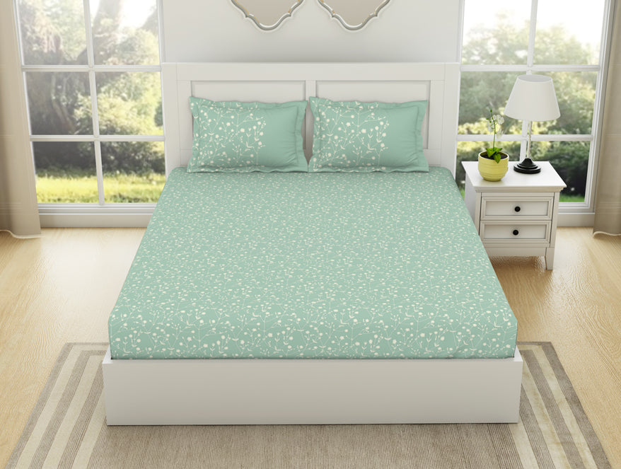 Floral Whisper Green - White 100% Cotton King Fitted Sheet - Bohemia By Spaces
