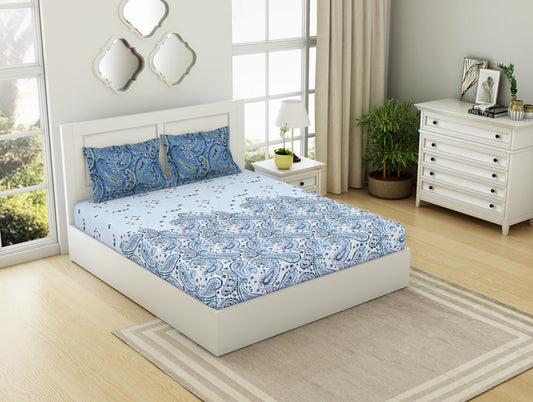 Ornate Cerulean - Blue 100% Cotton Double Bedsheet - Bohemia By Spaces