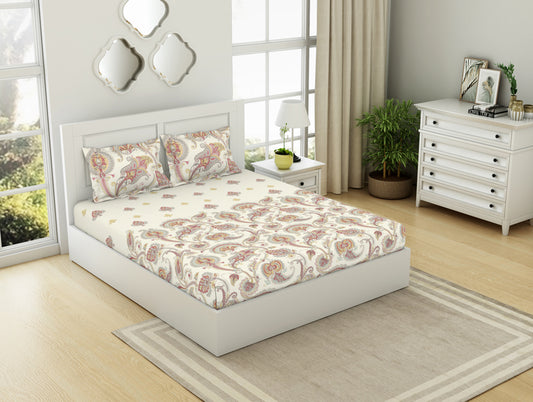 Ornate Egret - Cream 100% Cotton Double Bedsheet - Bohemia By Spaces
