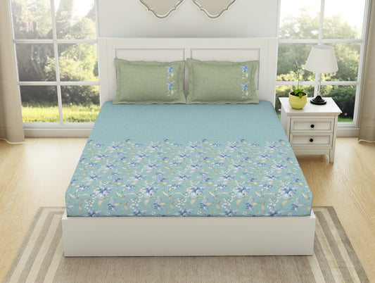 Floral Sky Light - Light Blue 100% Cotton Double Bedsheet - Bohemia By Spaces