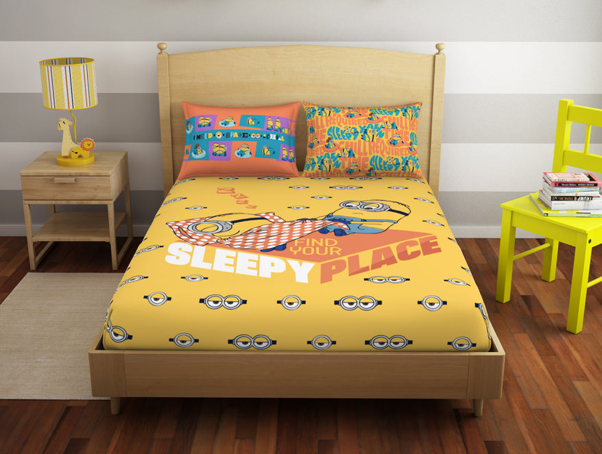 Character Daffodil - Yellow 100% Cotton Double Bedsheet - Universal Lazy Days Minions By Spaces