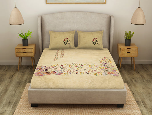 Floral Angora - Beige Cotton Viscose Double Bedsheet - Oshibana By Spaces