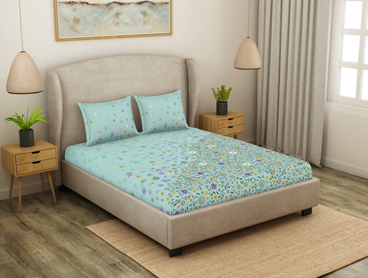 Floral Eggshell Blue - Light Blue Cotton Viscose Double Bedsheet - Oshibana By Spaces