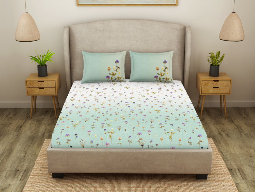 Floral Billowing Sail - Light Blue Cotton Viscose Double Bedsheet - Oshibana By Spaces