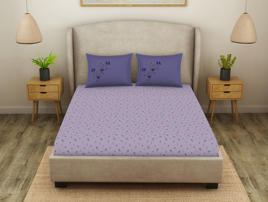Floral Orchid Tint - Light Violet Cotton Viscose Double Bedsheet - Oshibana By Spaces