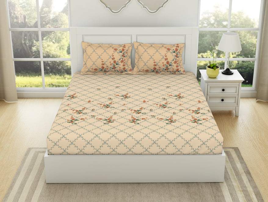 Floral Whisper White - Cream 100% Cotton King Fitted Sheet - Lattice By Spaces