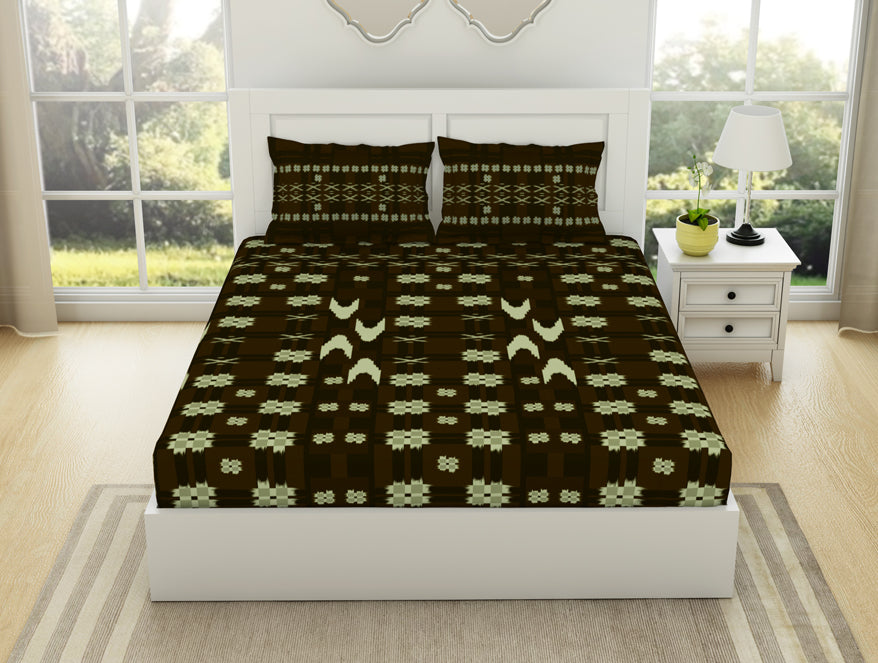 Geometric Gothic Olive - Dark Brown 100% Cotton Large Bedsheet - Ikkat By Spaces