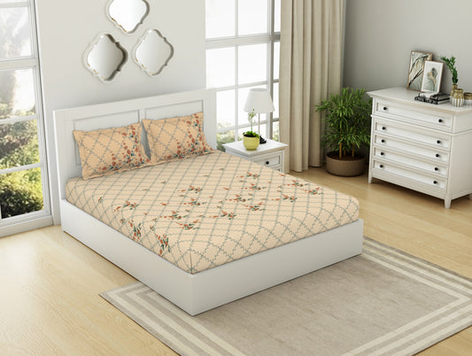 Floral Whisper White - Cream 100% Cotton Large Bedsheet - Lattice By Spaces