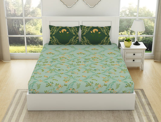 Floral Bay - Light Aqua 100% Cotton Large Bedsheet - Lattice By Spaces