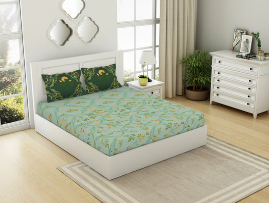 Floral Bay - Light Aqua 100% Cotton Large Bedsheet - Lattice By Spaces