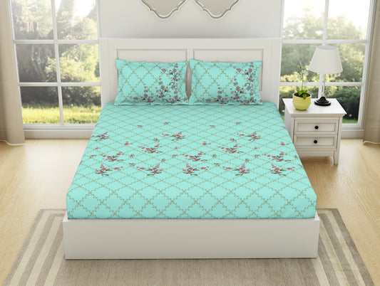 Floral Moonlight Jade - Light Aqua 100% Cotton Queen Fitted Sheet - Lattice By Spaces