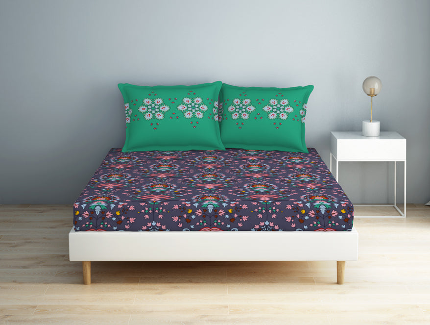 Floral Nautical Blue - Blue 100% Cotton Double Bedsheet - Aurum By Spaces