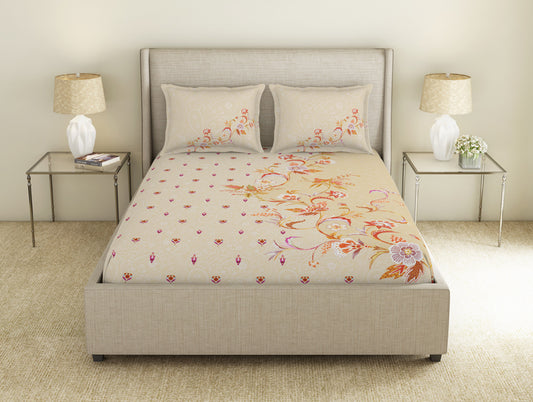 Floral Alabaster Gleam - Beige Cotton Viscose Large Bedsheet - Fusion By Spaces