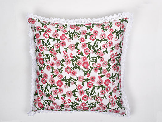 Floral Ivory-White 100% Cotton Cushion Cover - Courtyard By Spun
