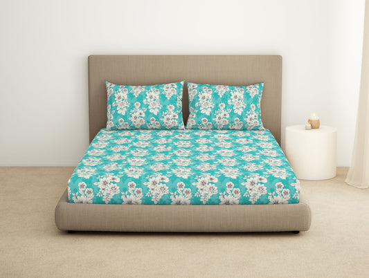 Floral Pool Blue - Blue Microfiber Double Bedsheet - Dazzle By Welspun