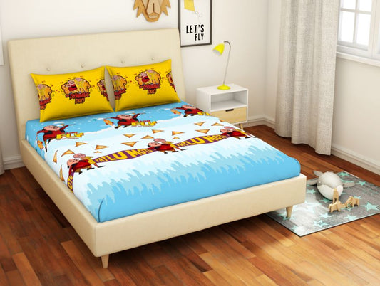 Viacom Motu Patlu Blue/Yellow 100% Cotton Double Bedsheet - By Spaces