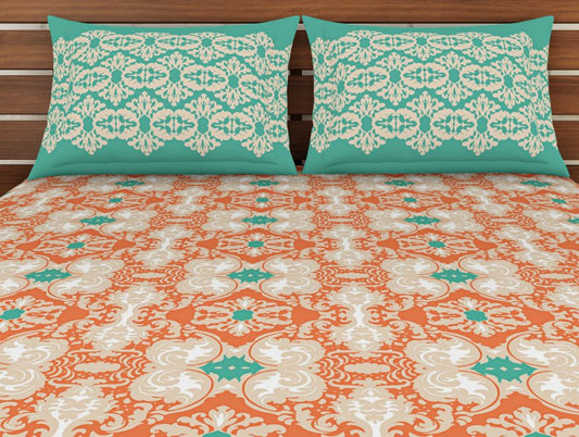 Ornate Peach - Orange 100% Cotton Double Bedsheet - Atrium Plus By Spaces