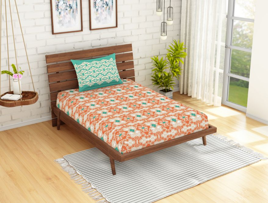 Ornate Peach - Orange 100% Cotton Single Bedsheet - Atrium Plus By Spaces