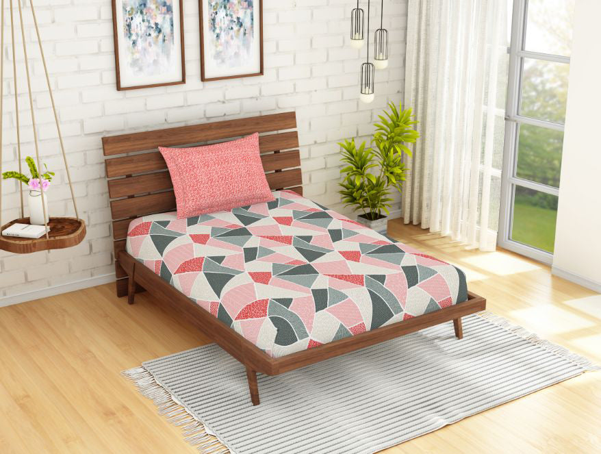 Geometric Peach - Orange 100% Cotton Single Bedsheet - Atrium By Spaces